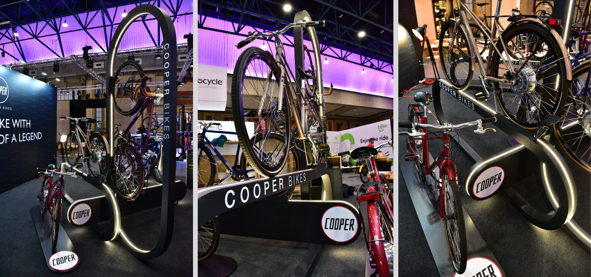 Cooper Bikes Messefläche mit beleuchteten Präsentern in London von Schemberg Ladenbau gestaltet