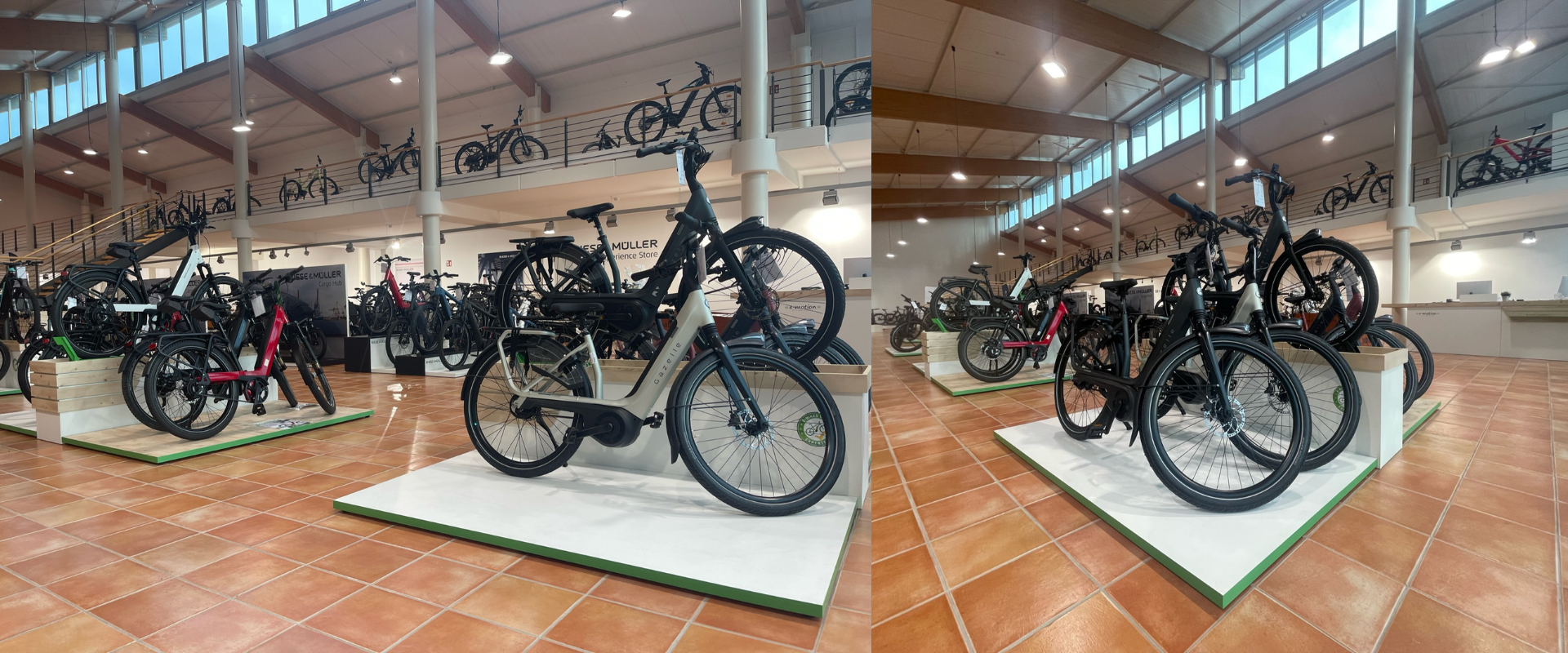 Auf der neu gestalteten Verkaufsfläche des e-motion Stores in Cloppenburg, werden die Bikes auf einer Kombination aus bodentiefen und erhöhten Podesten präsentiert. Geplant und umgesetzt wurde dieses Konzept von Schemberg Ladenbau.