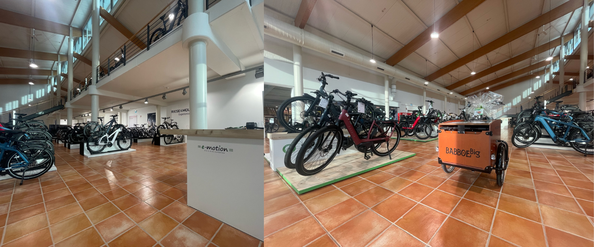Neuer Verkaufsraum der E-Bike-Experten e-motion in Cloppenburg mit vielen Podesten nach der Umgestaltung durch Schemberg Ladenbau.